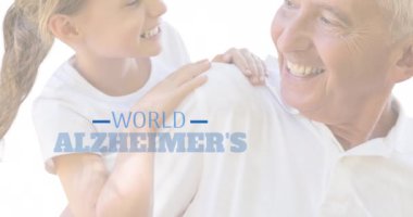 Dünya Alzheimer Günü 'nün animasyonu. Yaşlı beyaz adam ve torunu üzerine yazılmış bir mesaj. Dünya alzheimer ayı ve dijital olarak üretilen video konsepti.