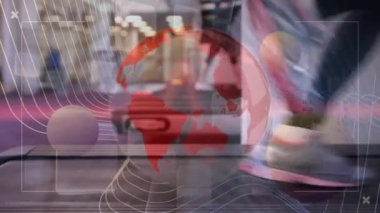 Çalışan kişi üzerinden finansal veri işleme animasyonu. Küresel spor, veri işleme ve dijital arayüz kavramı dijital olarak oluşturulmuş video.