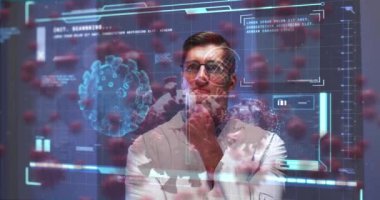 Coperid 19 hücresinin animasyonu ve beyaz erkek doktor üzerindeki veriler. küresel covid 19 salgın, sağlık hizmetleri ve veri işleme konsepti dijital olarak oluşturulmuş video.