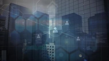 Animation of network of connections with icons over cityscape. global business, connections and digital interface concept digitally generated video.