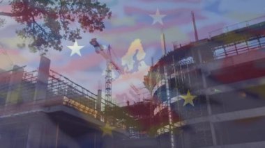 Avrupa Birliği bayrağı ve şehir haritasının animasyonu. Avrupa Birliği konsepti dijital olarak oluşturulan video.