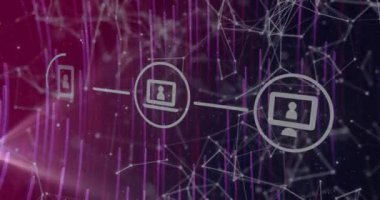 Mor arkaplan üzerinde teknik simgelerle bağlantı ağının animasyonu. Ağ, bağlantılar ve teknoloji konsepti dijital olarak oluşturulmuş video.