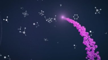 Mavi zemin üzerinde yüzen ve kayan moleküler yapılar dijital dalgalara karşı. tıbbi araştırma ve bilim teknolojisi kavramı