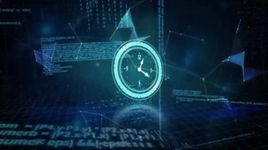 Veri işleme ve bağlantı ağının üzerinde hareket eden saatin animasyonu. küresel iş, finans, bağlantılar ve dijital arayüz konsepti dijital olarak oluşturulmuş video.