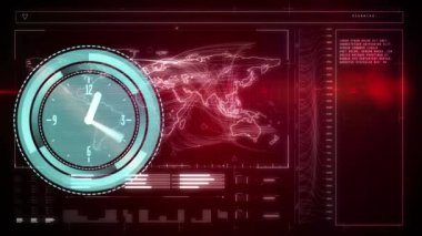 Animation of clock moving over data processing on black background. global business, finances, connections and digital interface concept digitally generated video.