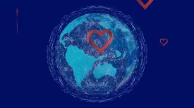 Dünya üzerindeki kalp ikonlarının animasyonu. küresel iş ve dijital arayüz kavramı dijital olarak oluşturulmuş video.