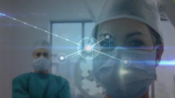 Glowing Network Connections Portrait Caucasian Female Surgeon Hospital Medical Research — Videoclip de stoc