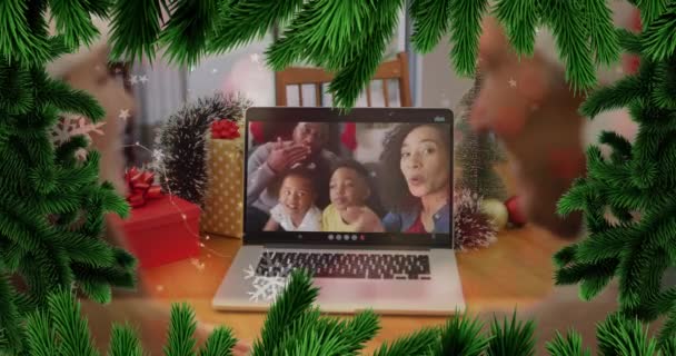 Animation Christmas Decorations African American Family Having Laptop Video Call — Wideo stockowe