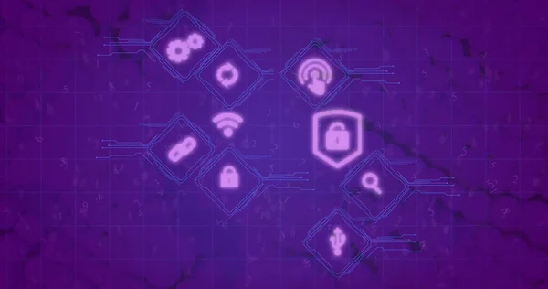 Image of digital interface with digital icons  over floating structure. Global digital network technology security concept digitally generated image.