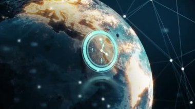 Dönen dünya üzerindeki bağlantıların ve saatin animasyonu. küresel ağ, bağlantılar, veri ve teknoloji konsepti dijital olarak oluşturulmuş video.