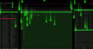 Siyah arkaplanda veri işleme animasyonu. küresel iş ve dijital arayüz kavramı dijital olarak oluşturulmuş video.
