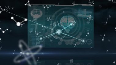 Veri işleme üzerinde moleküllerin animasyonu. Küresel bilim ve dijital arayüz kavramı dijital olarak oluşturulmuş video.