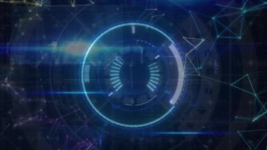 Parlak yuvarlak tarayıcı üzerinde veri işleme ve mavi arkaplandaki bağlantı ağı. küresel ve ağ teknolojisi kavramı