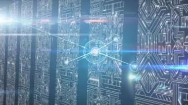 Bilgisayar devreleri üzerinden veri işleme ve bağlantı ağının animasyonu. küresel bulut hesaplama ve veri işleme kavramı dijital olarak oluşturulmuş video.