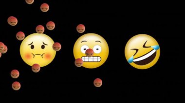 Siyah arkaplan üzerinde emoji simgelerinin animasyonu. Sosyal medya ve dijital arayüz konsepti dijital olarak oluşturulmuş video.