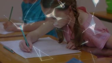 Animation of network of connections over diverse schoolchildren learning in classroom. global education, connections and digital interface concept digitally generated video.