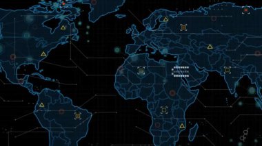 Kara arkaplan üzerinde dünya haritasıyla veri işleme animasyonu. küresel iş ve dijital arayüz kavramı dijital olarak oluşturulmuş video.