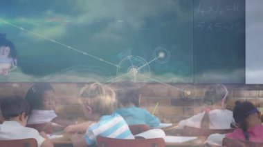 Çeşitli öğrencilerin bayan öğretmenle olan bağlantılarının animasyonu. Dijital olarak oluşturulan öğrenim ve eğitim konsepti.