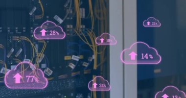 Animation of clouds with uploading over servers. network, data processing, cloud computing and technology concept digitally generated video.