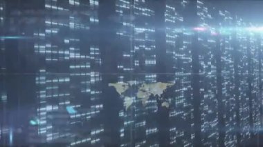 Donanma arka planında dünya haritasında veri işleme animasyonu. küresel covid 19 salgın, bilim ve dijital arayüz kavramı dijital olarak oluşturulmuş video.