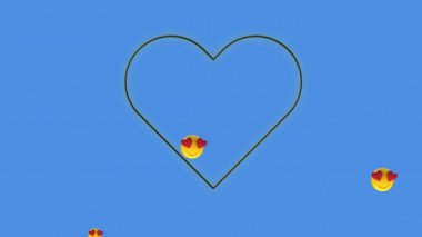 Emoji ikonları üzerinde neon kalp animasyonu. Sosyal medya ve dijital arayüz konsepti dijital olarak oluşturulmuş video.