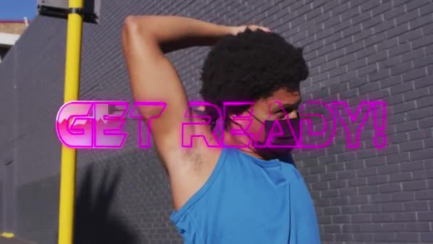 Animation Get Ready Text Biracial Man Stretching Wearing Face Mask — Vídeo de Stock