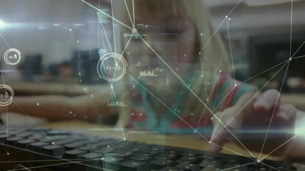Animation Network Connections Caucasian Schoolgirl Using Computer Classroom Global Education — Vídeos de Stock