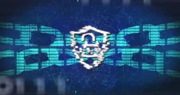 Animation Digital Shield Padlock Block Chain Binary Code Navy Background — Vídeos de Stock
