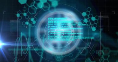 Kapsam taramasında veri işleme animasyonu. küresel iş, finans, bağlantılar ve dijital arayüz konsepti dijital olarak oluşturulmuş video.