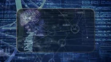 DNA, veri ve tablet üzerinden bağlantı ağının animasyonu. veri işleme ve teknoloji konsepti dijital olarak oluşturulmuş video.
