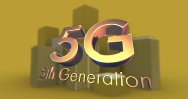 Şehir manzarasında 5g 5. nesil metnin animasyonu. Küresel iş, finans, veri işleme ve dijital arayüz kavramı dijital olarak oluşturulmuş video.