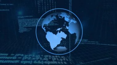 Mavi arka planda veri işleme üzerinde dönen dünyanın dijital animasyonu. bilgisayar arayüzü ve iş teknolojisi kavramı