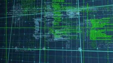 Animation of data processing over grid. global computing, digital interface and data processing concept digitally generated video.