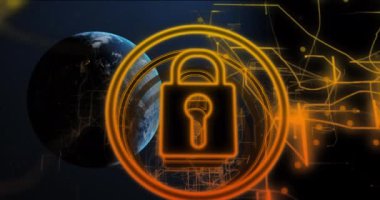 Siyah arka planda asma kilit animasyonu. Sosyal medya ve dijital arayüz konsepti dijital olarak oluşturulmuş video.