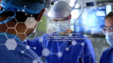 Animation of scientific data processing and chemical structures over diverse surgeons. global medicine, science and data processing concept digitally generated video.