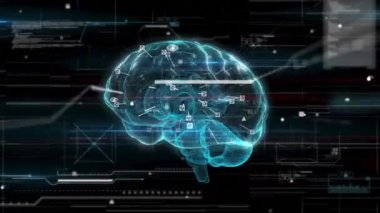 Dijital beyin üzerinden veri işleme animasyonu. küresel teknoloji, veri işleme ve dijital arayüz kavramı dijital olarak oluşturulmuş video.