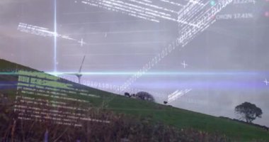 Yel değirmeni ve manzara üzerinde finansal veri işleme animasyonu. elektrik, enerji ve güç dağılımı dijital olarak oluşturulmuş video.