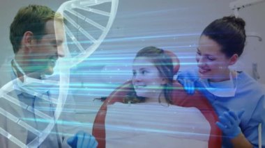 Animation of medical data processing over two caucasian dentists and patient. global medicine, connections and technology concept digitally generated video.