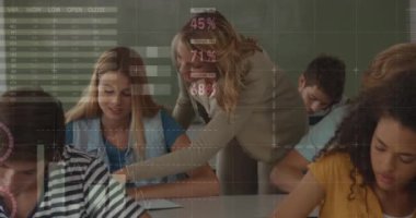 Üniversitede öğrencilere ders veren beyaz kadın öğretmen hakkında istatistiksel veri işleme. kolej, eğitim ve teknoloji kavramı