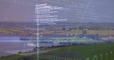 Manzara üzerinde ikili kodlama veri işleme animasyonu. küresel ortam, hesaplama, veri işleme ve dijital arayüz kavramı dijital olarak oluşturulmuş video.