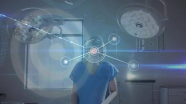 Animation of network of connections over female caucasian doctor. Global medicine, technology, data processing and digital interface concept digitally generated video.
