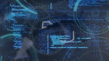 Dijital veri işleme animasyonu ve mavi arkaplan üzerinde 5g metin. Küresel bilim, bağlantılar, veri işleme ve dijital arayüz kavramı dijital olarak oluşturulmuş video.