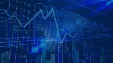 Finansal ve borsa veri işlemelerinin dijital animasyonu mavi arka planda dünya haritası üzerinde. küresel finans ve ekonomi kavramı
