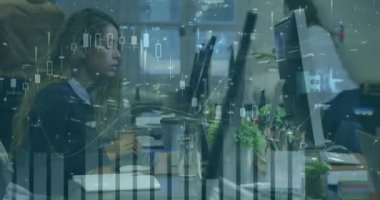 Animation of financial data processing over biracial women. Global business, finances, digital interface and connections concept digitally generated video.