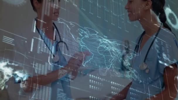 Animation Scientific Data Processing Diverse Female Doctors Global Medicine Science — Vídeo de Stock