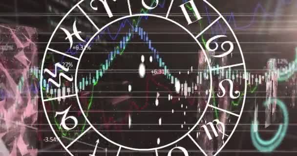 Animation Zodiac Signs Data Processing Black Background Global Technology Computing — Stockvideo