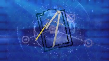 Network of connections against clipboard and protractor against blue background. global networking and business technology concept
