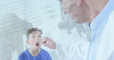 Kafkas erkek doktor ve genç hasta arasında veri işleme animasyonu. küresel tıp ve dijital arayüz kavramı dijital olarak üretilen video.