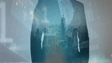 İş adamı üzerinden finansal veri işleme animasyonu. küresel iş, finans, dijital arayüz ve bağlantılar konsepti dijital olarak oluşturulmuş video.