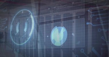Bilgisayar sunucularında tarama ve veri işleme dürbünlerinin animasyonu. küresel veri işleme, iş ve finans kavramı dijital olarak oluşturulmuş video.